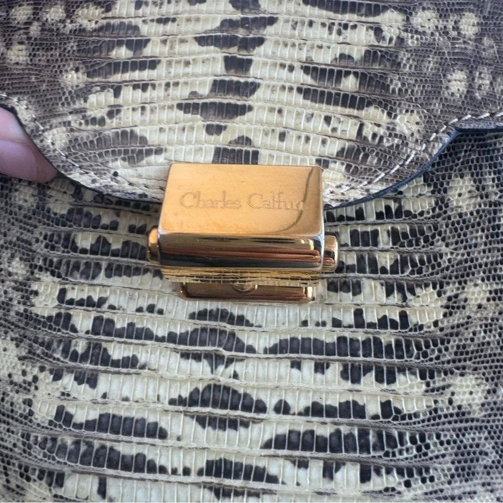 Charles Calfun Grey & Black Lizard + Leather Clutch with gold hardware - Picture 5 of 10